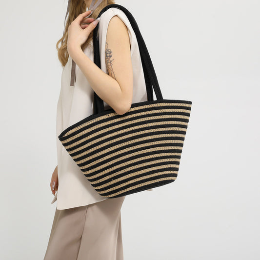 Borsa di paglia a contrasto di colore primaverile di grande capacità