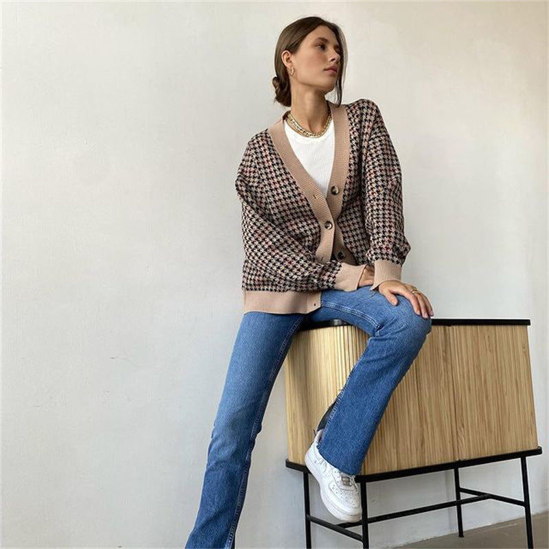 Women's Houndstooth Knit Sweater Loose Top Jacket