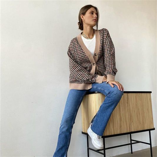 Maglione lavorato a maglia pied de poule da donna, giacca larga