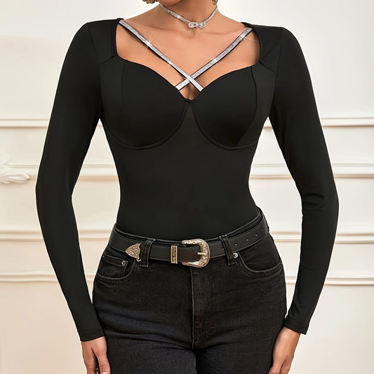 Maglietta a maniche lunghe slim fit con scollo a V e motivo incrociato da donna