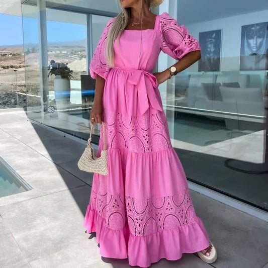 Abito da donna con lacci e vita stretta, casual e largo, con cuciture in pizzo