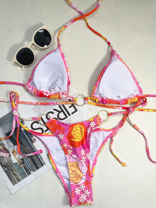 Bikini-Badeanzug mit Dreipunkt-Print und Schnürung, rückenfrei, für Damen