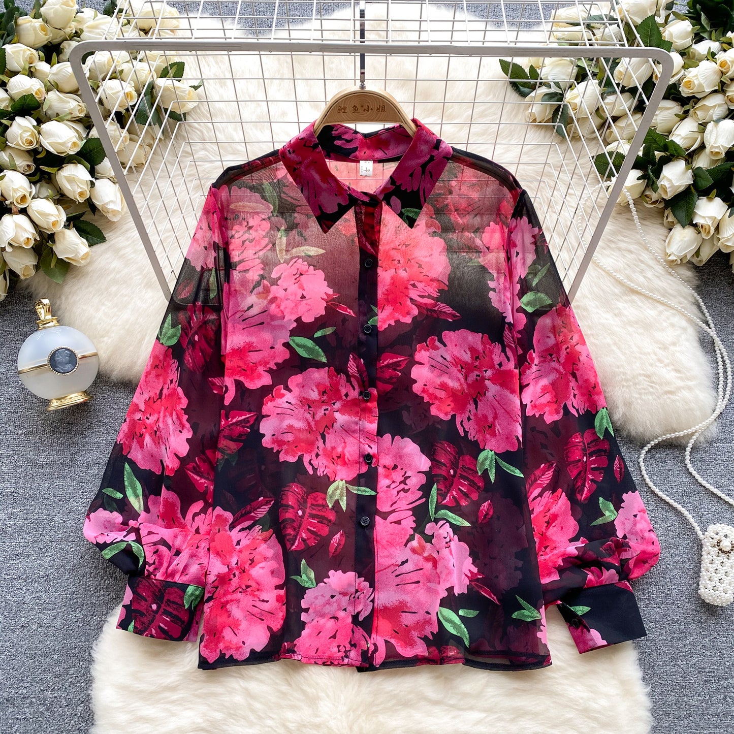 Camicia floreale in tulle retrò francese per donna estate