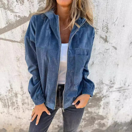 Women's Solid Color Simple Corduroy Hooded Jacket