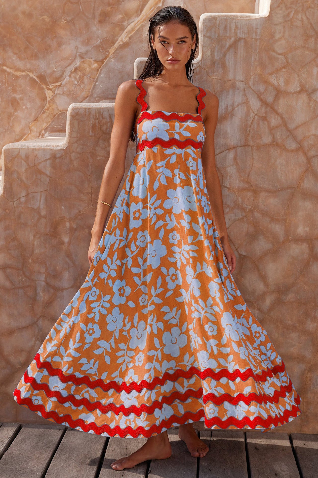 Flowers Print Wavy Pattern Suspender Long Dress