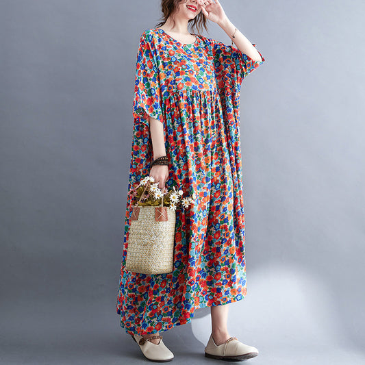 Artistic Retro Printing Breathable Short Sleeve Pullover Large Swing Dress For Women