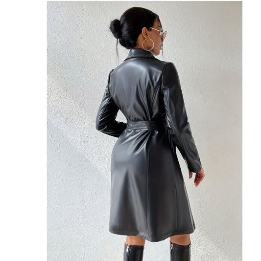 Trench lungo aderente da donna a maniche lunghe in PU