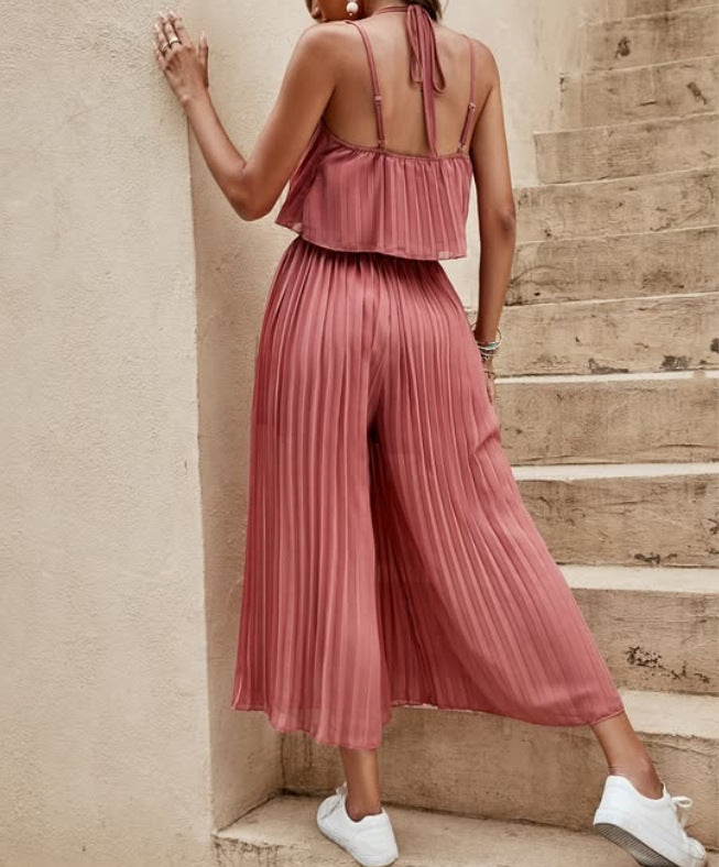 One-Piece Outfit Beach Style Striped Wide Leg Trousers Casual Suit