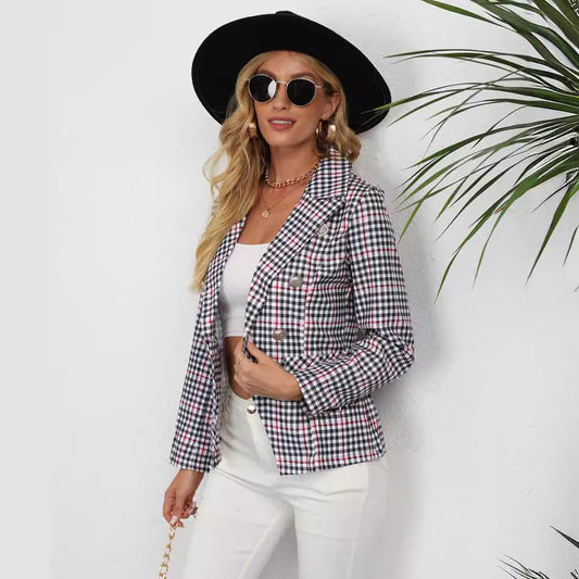 Women's Fashion Plaid Button Lapel Long Sleeve Coat