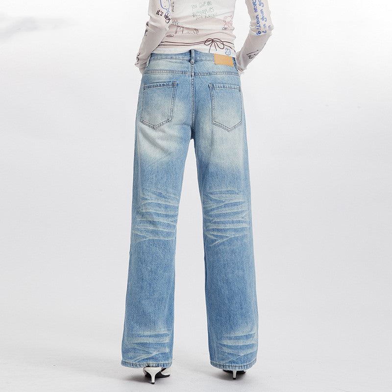 Hohe Taille Wash Drooping Straight Pants Damen Einfaches Design