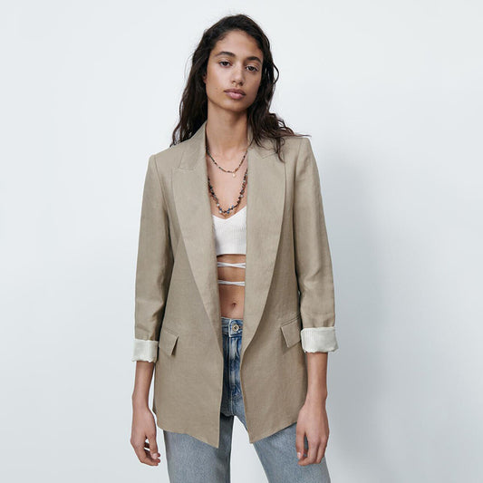 Abito in lino arricciato con polsini snellenti e larghi