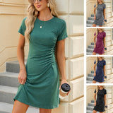 Abito aderente aderente a tinta unita, a maniche corte, con scollo tondo, casual, estivo, alla moda, da donna