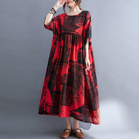 Abito a trapezio a maniche corte traspirante stampato anti-invecchiamento retrò per le donne