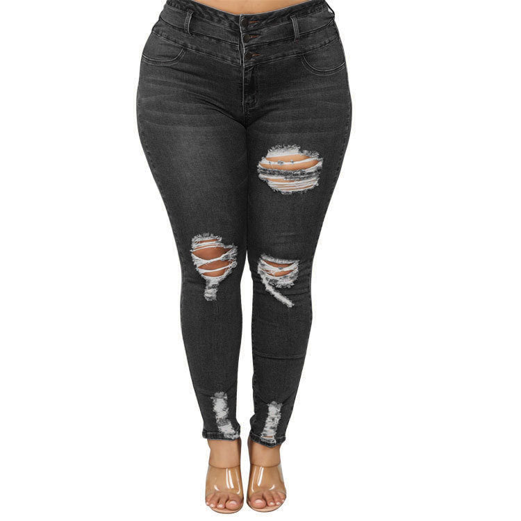 Zerrissene Fat Jeans mit hoher Taille und großen Größen