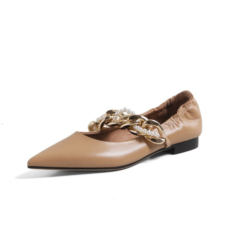 Scarpe Mary Jane da donna con catena di perle e punta affilata