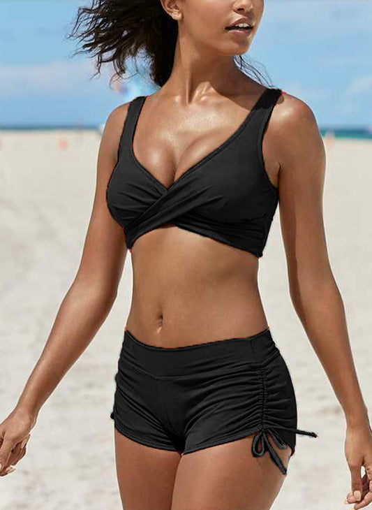Damen Bikini-Set mit abnehmbarem Träger, Bandeau-Oberteil, hochgeschnitten, frech, Badeanzug