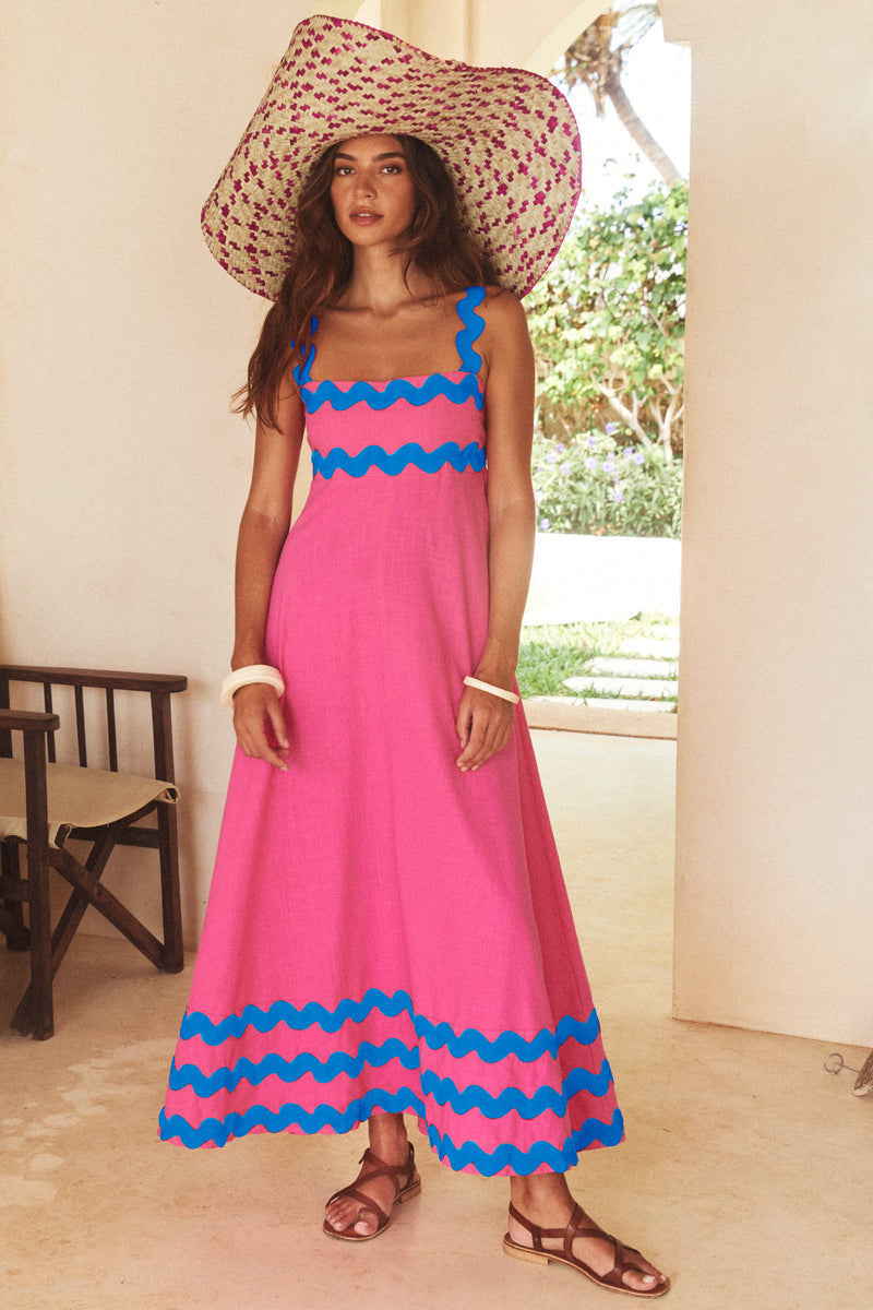 Flowers Print Wavy Pattern Suspender Long Dress