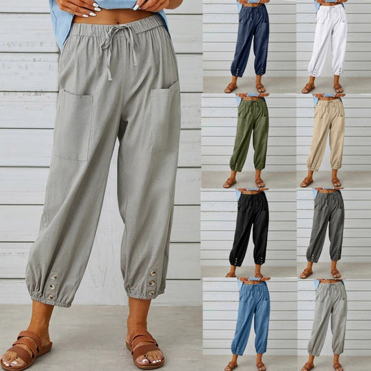Pantaloni larghi a vita alta in cotone e lino con bottoni, pantaloni corti, pantaloni larghi da donna