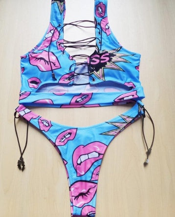 Ananas-Bikini für große Brüste Damen Schnür-Bademode Tanga-Bikini