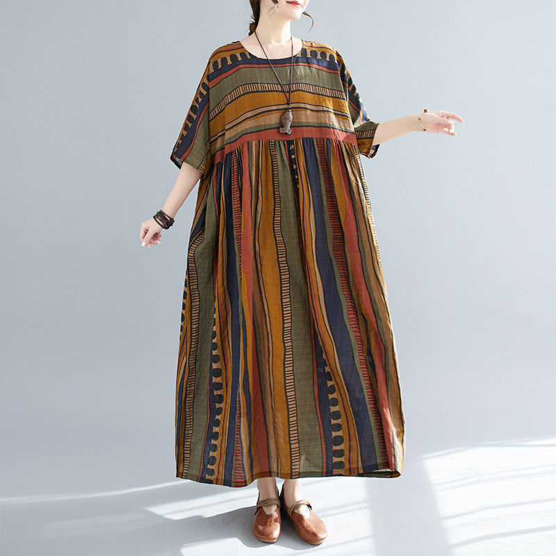 New Literary Large Loose Stripe Printed Short-sleeved Dress For Women