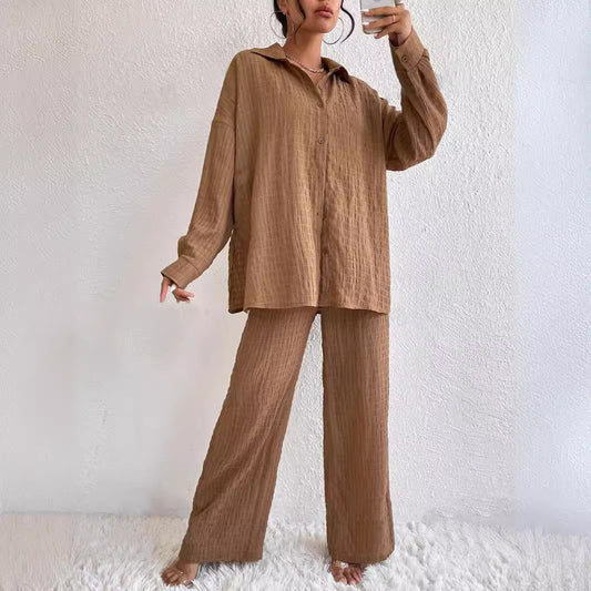 Pantaloni alla moda casual europei e americani in stile plissettato, manica lunga, risvolto, elegante, completo da donna