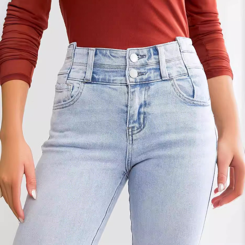 Elastische Jeanshose mit hoher Taille und Knopfreihe für Damen