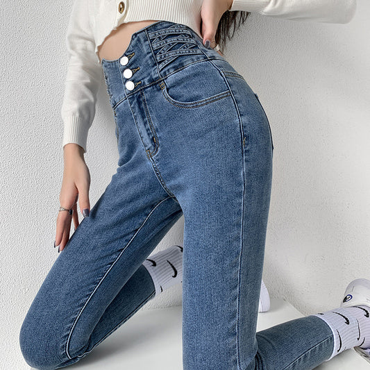 Pantaloni in denim da donna con vita alta attillata e pancia piccola