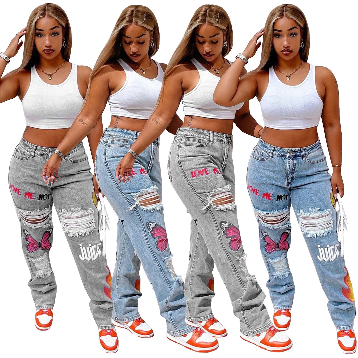 Jeans strappati alla moda con stampa di posizionamento digitale da donna