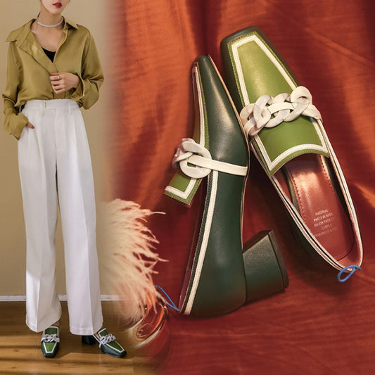 Scarpe da donna con punta quadrata abbinata al colore, scarpe piccole in pelle stile inglese con tacco medio verde