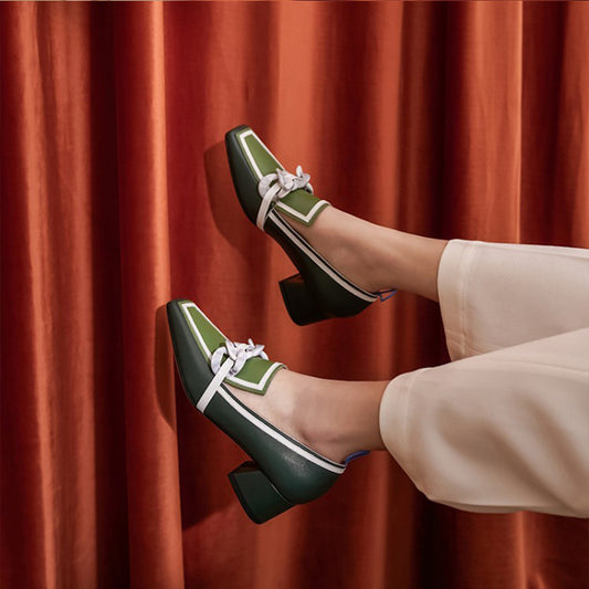 Scarpe da donna con punta quadrata abbinata al colore, scarpe piccole in pelle stile inglese con tacco medio verde