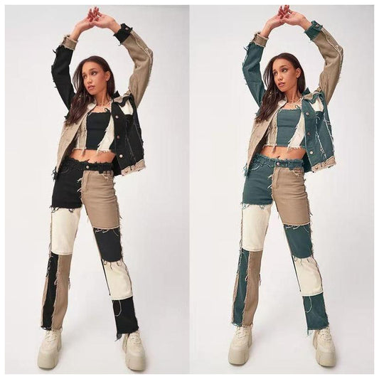 Jeans da donna a gamba dritta con cuciture elastiche e bordo grezzo