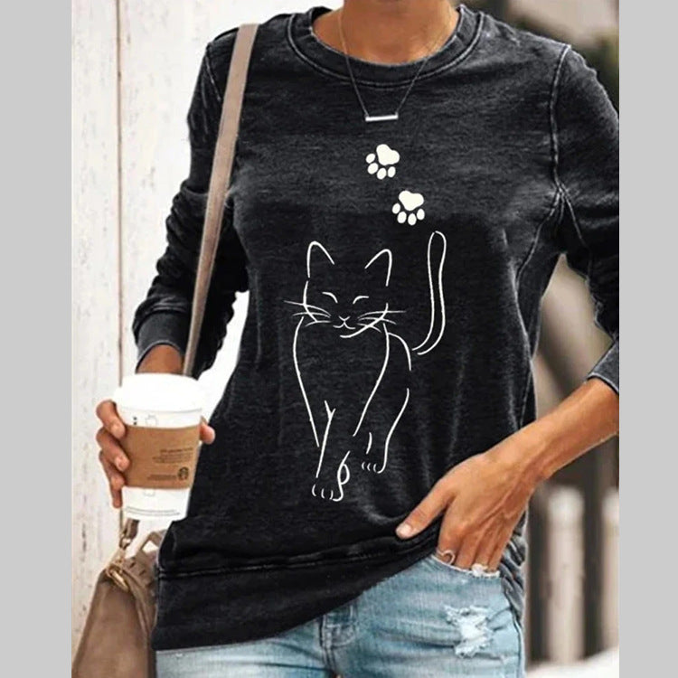 Cat Print Long Sleeve Round Neck Pullover Women's T-Shirt