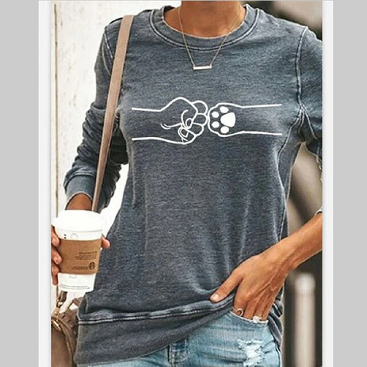 Maglietta da donna con stampa di gatto, a maniche lunghe e scollo rotondo