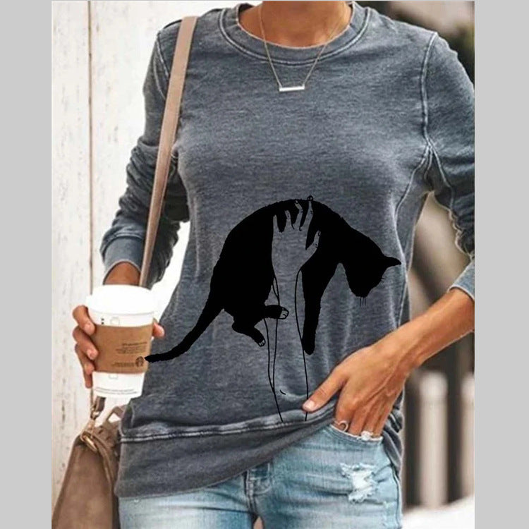 Cat Print Long Sleeve Round Neck Pullover Women's T-Shirt