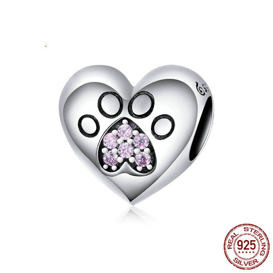 Bracciale con impronta di zampa a forma di cuore in argento sterling S925 con perline