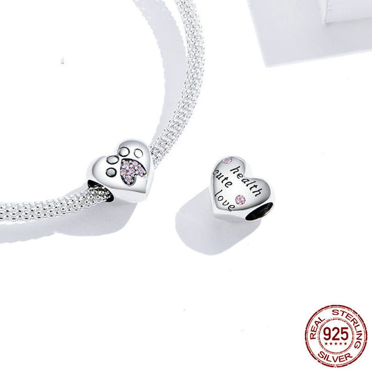 Bracciale con impronta di zampa a forma di cuore in argento sterling S925 con perline