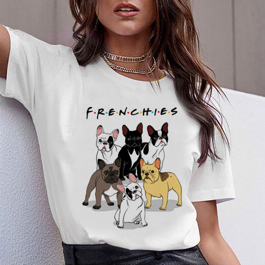 Cartoon Animal Cat And Dog Print Slim Round Neck Street Trendy Women's Shirt