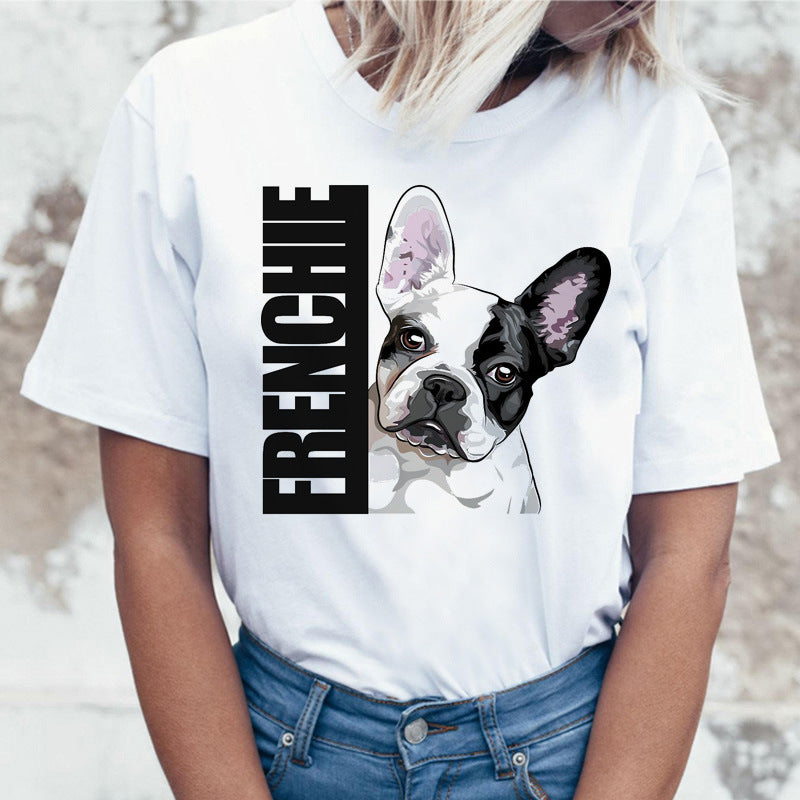 Cartoon Animal Cat And Dog Print Slim Round Neck Street Trendy Women's Shirt
