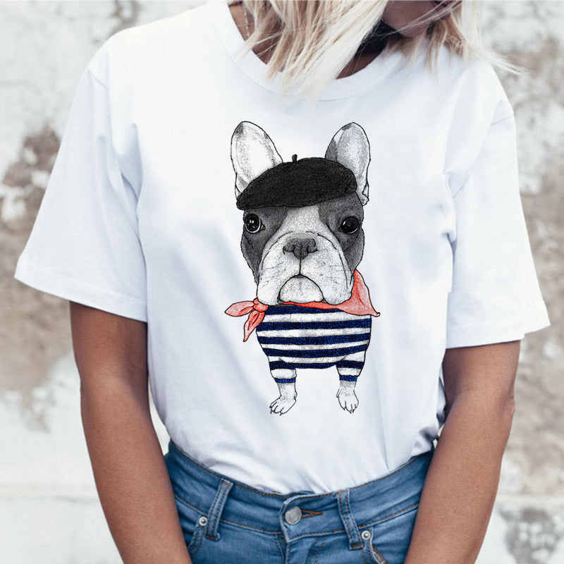 Cartoon Animal Cat And Dog Print Slim Round Neck Street Trendy Women's Shirt