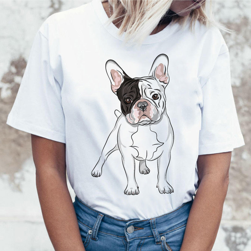 Cartoon Animal Cat And Dog Print Slim Round Neck Street Trendy Women's Shirt