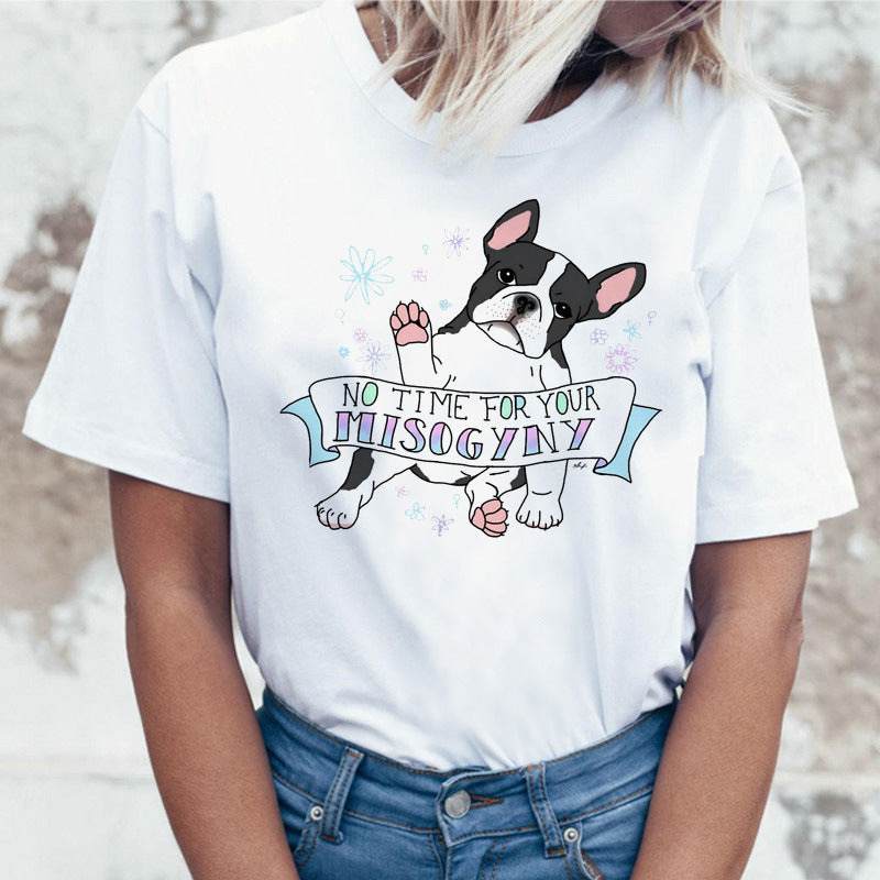 Cartoon Animal Cat And Dog Print Slim Round Neck Street Trendy Women's Shirt