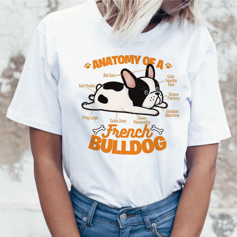 Cartoon Animal Cat And Dog Print Slim Round Neck Street Trendy Women's Shirt