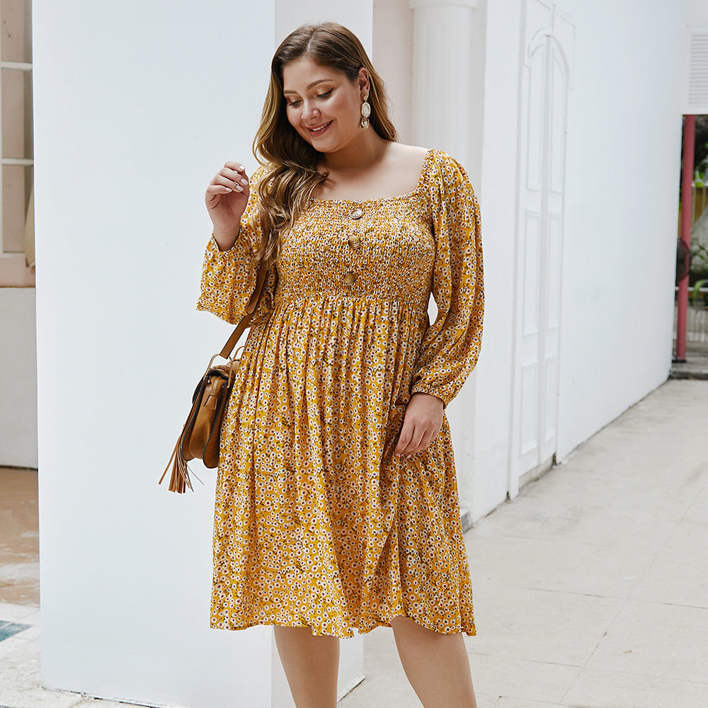 Floral Square Collar Plus Size Dress
