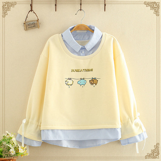 Striped Lapel Fake Two Thick Sweater Clothes Rack Cartoon