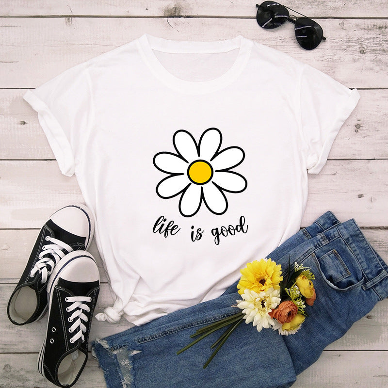 Kurzärmliges Damenhemd aus Baumwolle mit Rundhalsausschnitt und Pflanzendruck in Europa und Amerika