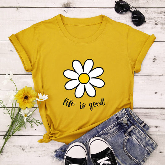 Kurzärmliges Damenhemd aus Baumwolle mit Rundhalsausschnitt und Pflanzendruck in Europa und Amerika