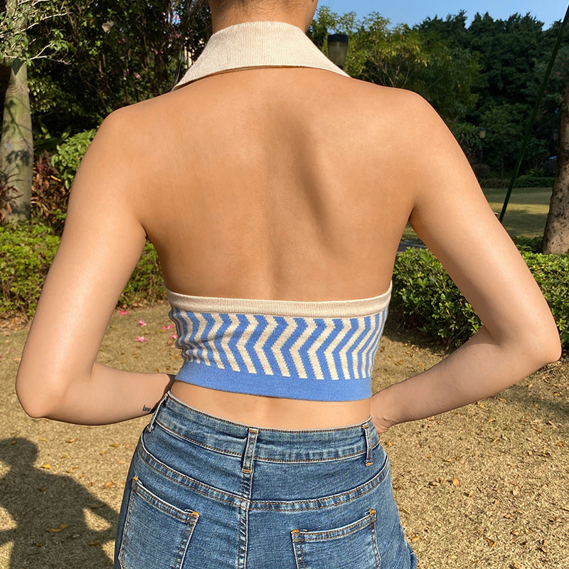 Women's Ins Street Fashion Wave Striped Deep V Halter Halter Slim Vest