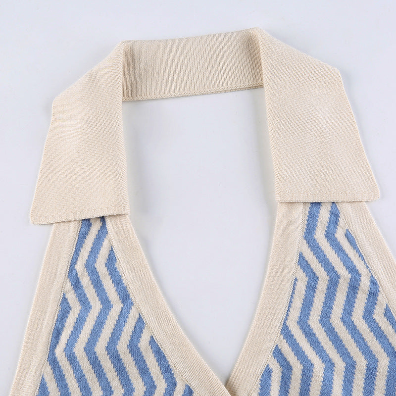 Women's Ins Street Fashion Wave Striped Deep V Halter Halter Slim Vest