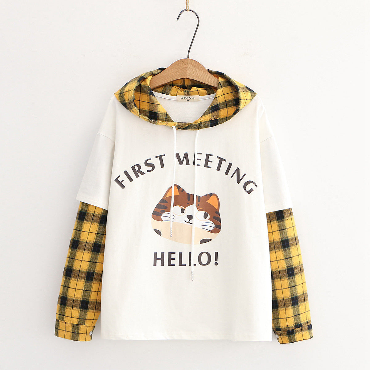 Felpa con cappuccio a maniche lunghe con colletto a quadri e motivo a gatto