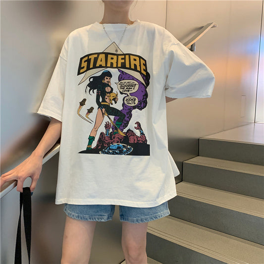 Early Spring Korean Couples Niche Design Sense Net Red Short-Sleeved Ins Tide Loose Lazy Style T-Shirt Female Top